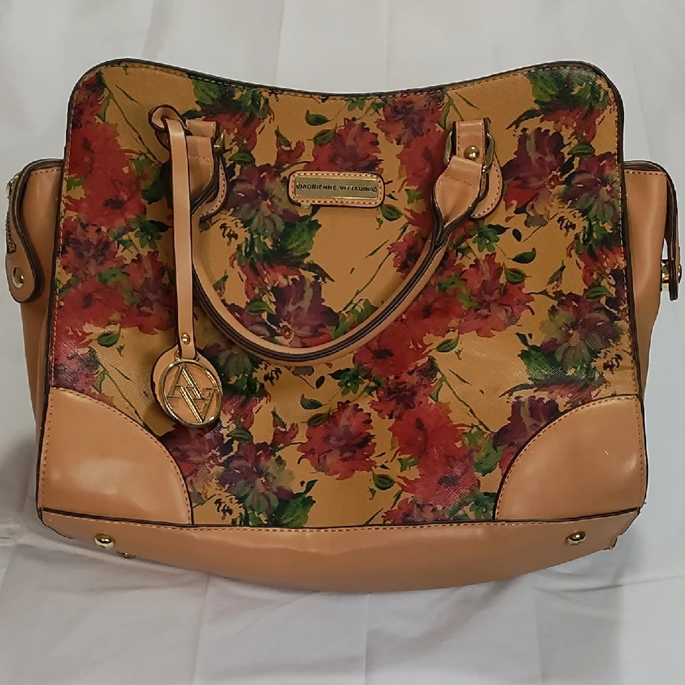 Adrienne‎ Vittadini Tan and Red Shoulder Bag with Floral Design